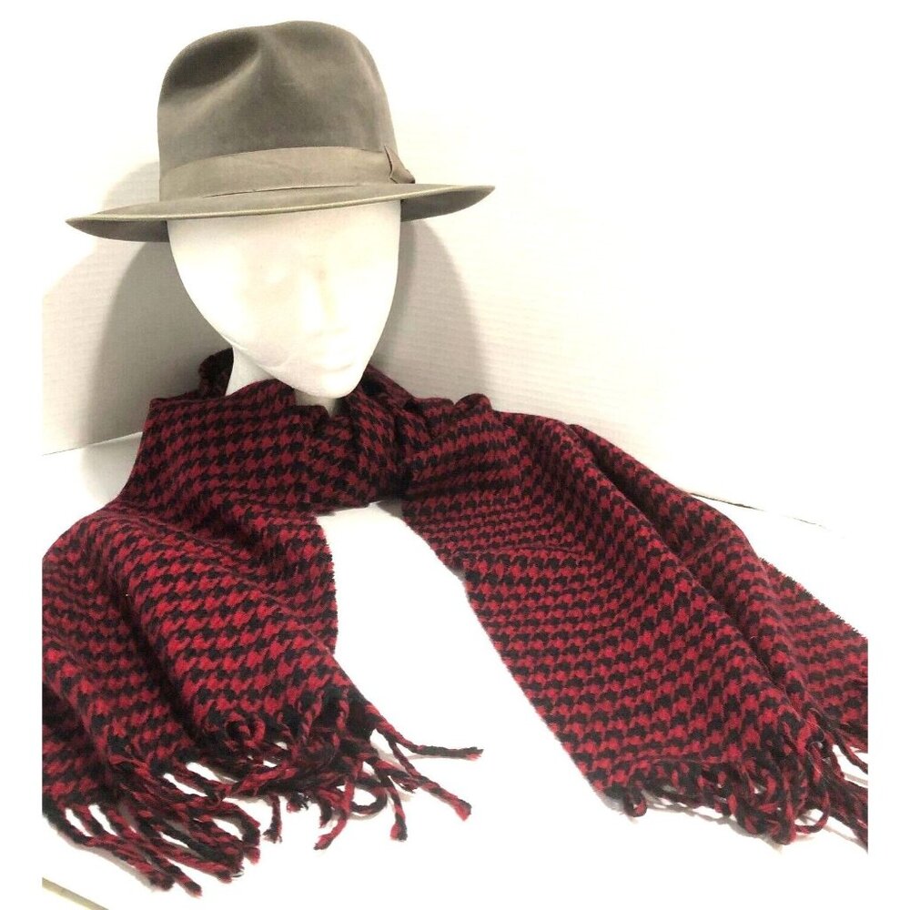 Cashmere Scarf SCOTLAND Red Navy Print Fringe‎ Men Women 12.5 x 72